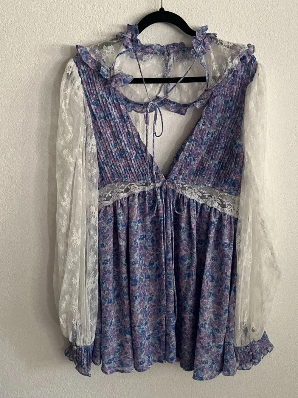 For Love & Lemons Floral Lace Sleeve Plunge Front Mini Dress NWT